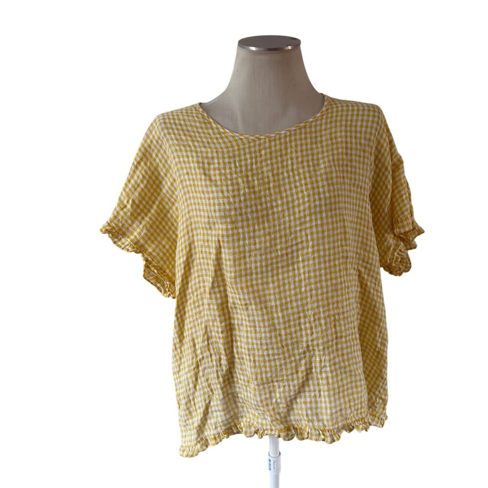 Yellow Gingham Ruffle Hem Sleeve 100% Linen Blouse Sz XL Cottagecore